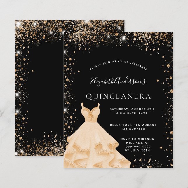 Papier Budget Quinceanera fête or noir robe de parties sc (Devant / Derrière)
