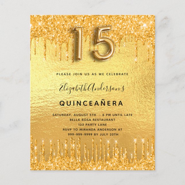 Papier Budget Quinceanera fête or parties scintillant inv (Devant)