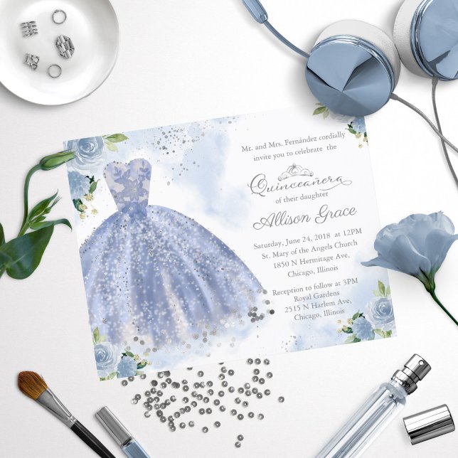 Papier Budget Quinceanera Invitation Argent Blue Gown (Créateur téléchargé)