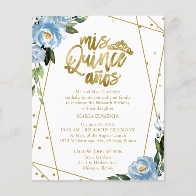 Papier Budget Quinceanera Invitation Bilingue Bleu (Devant)