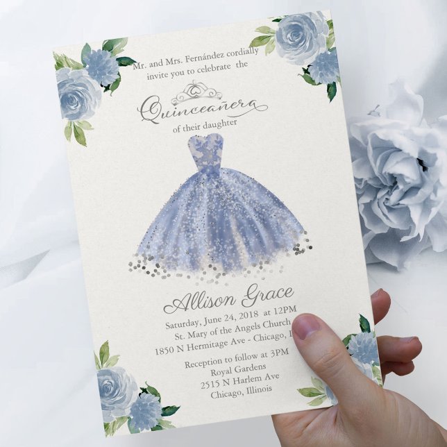 Papier Budget Quinceanera Invitation Bilingue Blue Gown (Créateur téléchargé)