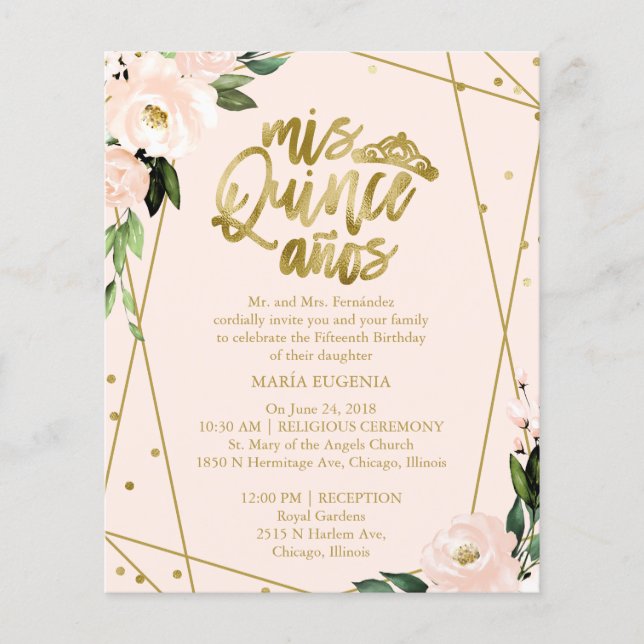 Papier Budget Quinceanera Invitation Bilingue Blush Pink (Devant)