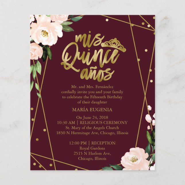 Papier Budget Quinceanera Invitation Bilingue Bourgogne (Devant)