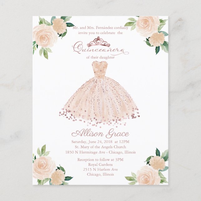 Papier Budget Quinceanera Invitation Bilingue Pink Gown (Devant)