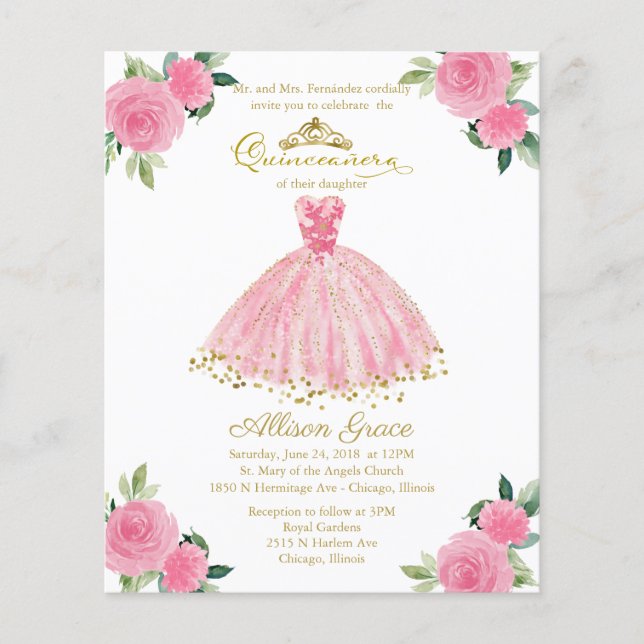 Papier Budget Quinceanera Invitation Bilingue Pink Gown (Devant)