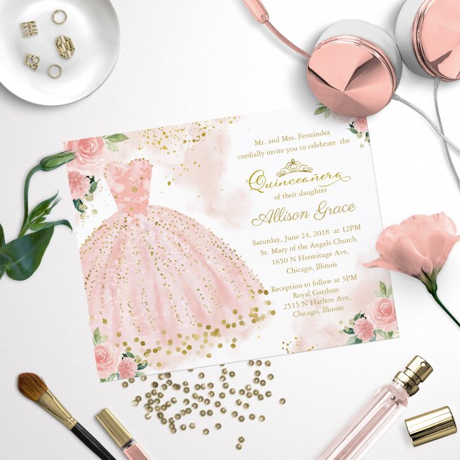 Papier Budget Quinceanera Invitation Bilingue Pink Gown (Créateur téléchargé)