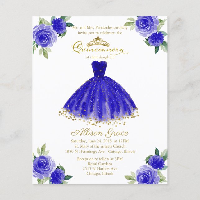 Papier Budget Quinceanera Invitation Bilingue Royal Blue (Devant)