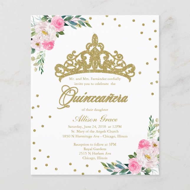 Papier Budget Quinceanera Invitation Bilingue Tiara (Devant)