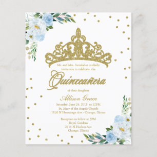 Papier Budget Quinceanera Invitation Bilingue Tiara Blue