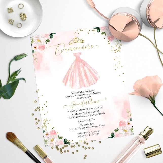Papier Budget Quinceanera Invitation Blush Floral Gown (Créateur téléchargé)
