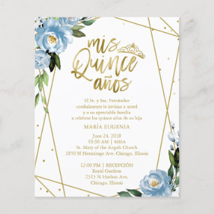 Papier Budget Quinceanera Invitation Espagnol Bleu Floral