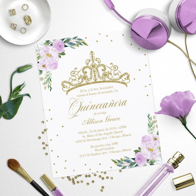 Papier Budget Quinceanera Invitation Espagnol Gold Tiara (Créateur téléchargé)