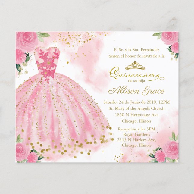 Papier Budget Quinceanera Invitation Espagnol Hot rose (Devant)