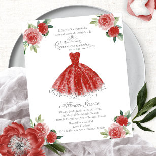 Papier Budget Quinceanera Invitation Espagnol Red Gown