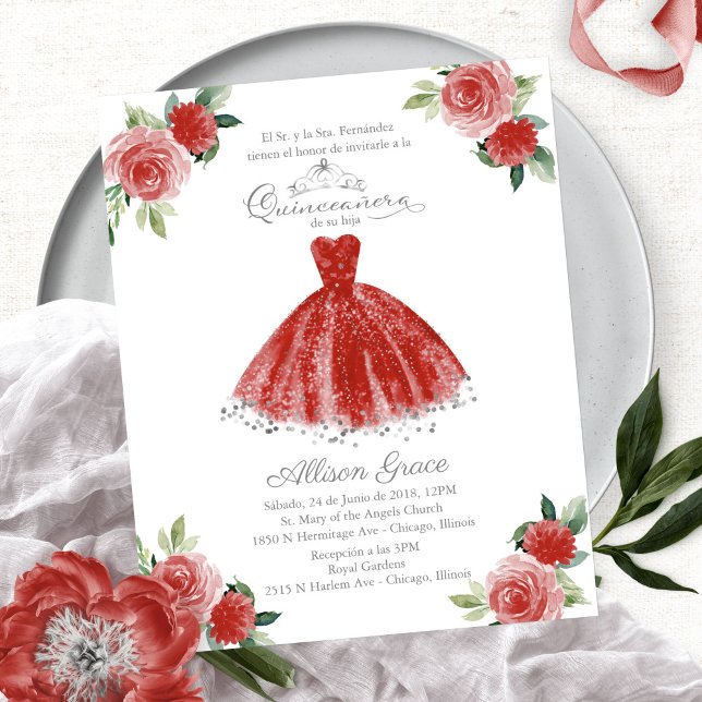 Papier Budget Quinceanera Invitation Espagnol Red Gown (Créateur téléchargé)