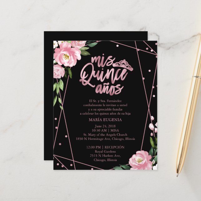 Papier Budget Quinceanera Invitation Espagnol Rose Noir (Devant/Arrière en situation)