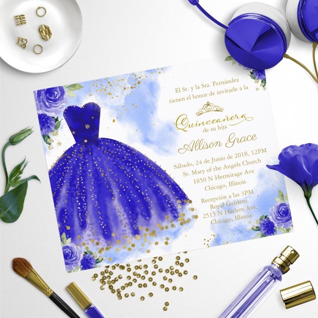 Papier Budget Quinceanera Invitation Espagnol Royal Blue (Créateur téléchargé)