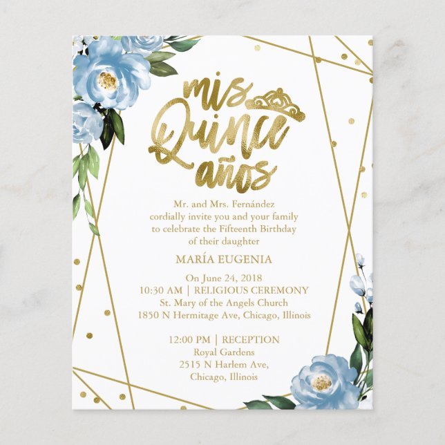 Papier Budget Quinceanera Invitation Gold Foil Dusty Blue (Devant)