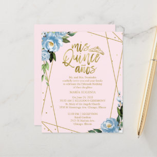 Papier Budget Quinceanera Invitation Gold Foil Rose Bleu