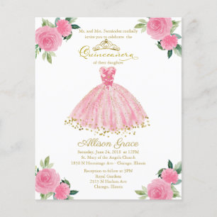 Papier Budget Quinceanera Invitation Or Hot rose Gown