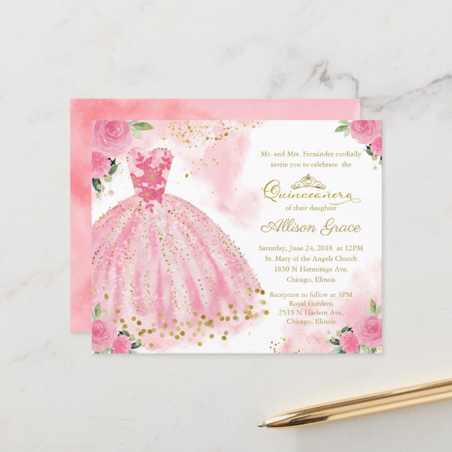Papier Budget Quinceanera Invitation Or Hot rose Gown (Devant/Arrière en situation)