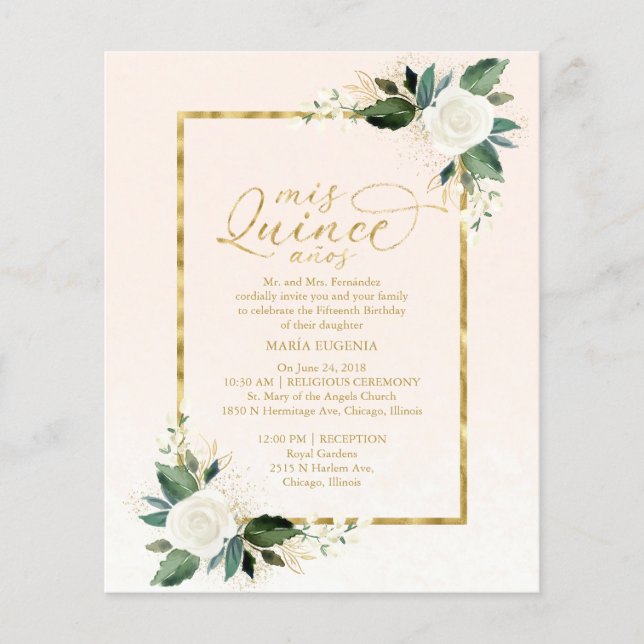 Papier Budget Quinceanera Invitation Or rose Floral (Devant)