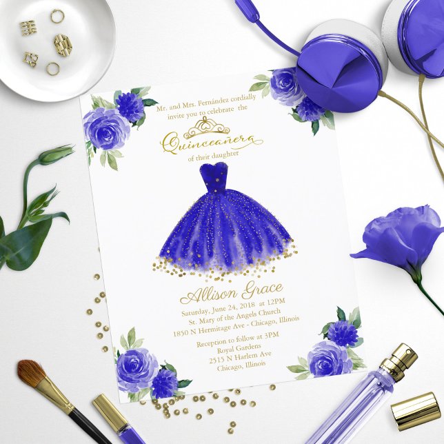 Papier Budget Quinceanera Invitation Or Royal Blue Gown (Créateur téléchargé)