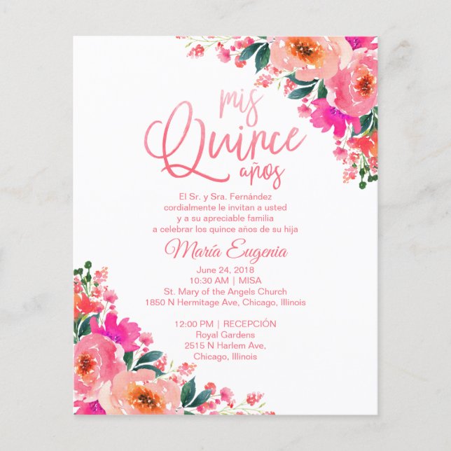 Papier Budget Quinceanera Invitations Floral espagnol (Devant)