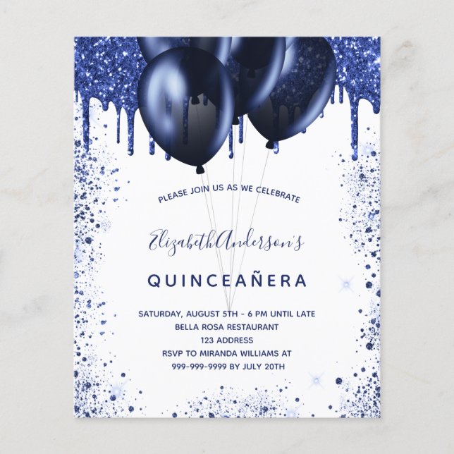 Papier Budget Quinceanera marine bleu blanc invitation (Devant)