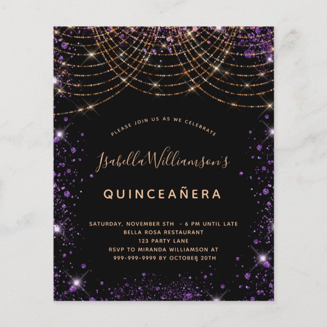 Papier Budget Quinceanera noir violet or parties scintill (Devant)