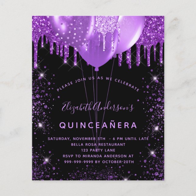Papier Budget Quinceanera noir violet parties scintillant (Devant)