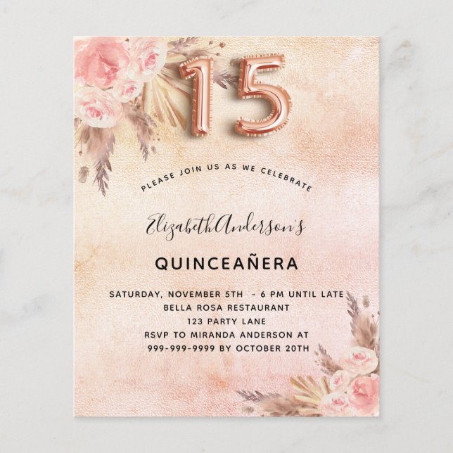 Papier Budget Quinceanera pampas herbe rose invitation (Devant)