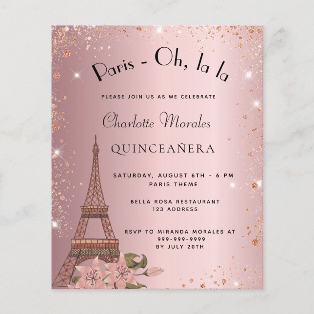 Papier Budget Quinceanera Paris invitation rose vif (Devant)
