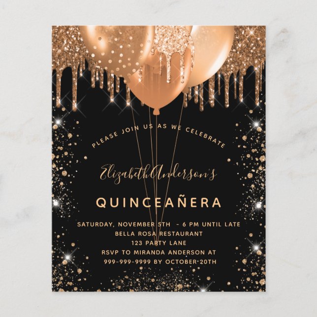 Papier Budget Quinceanera parties scintillant en or noir  (Devant)