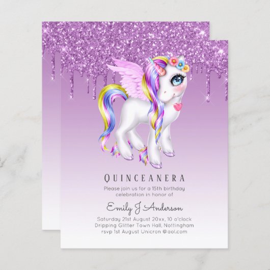 Papier BUDGET Quinceanera Parties scintillant Unicorn Ani (Devant / Derrière)
