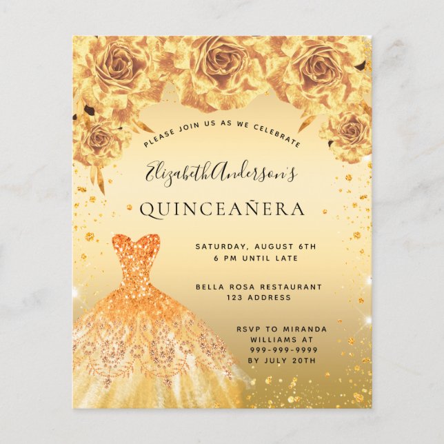 Papier Budget Quinceanera robe or robe florale invitation (Devant)