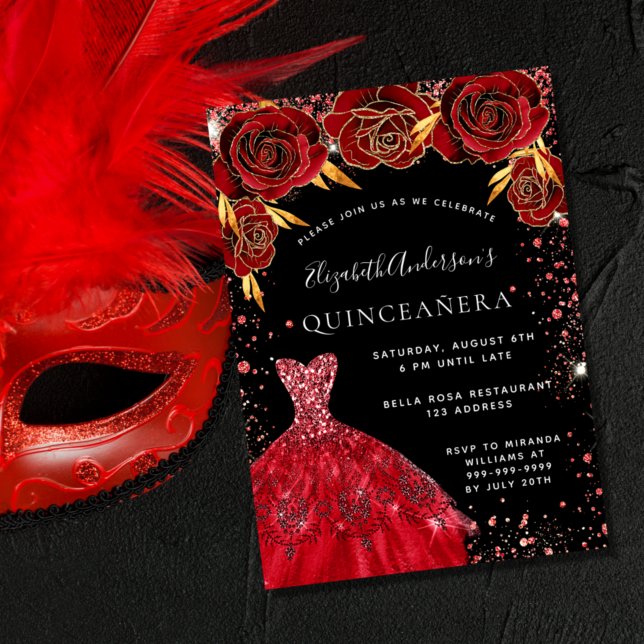 Papier Budget Quinceanera robe rouge noire invitation (Créateur téléchargé)