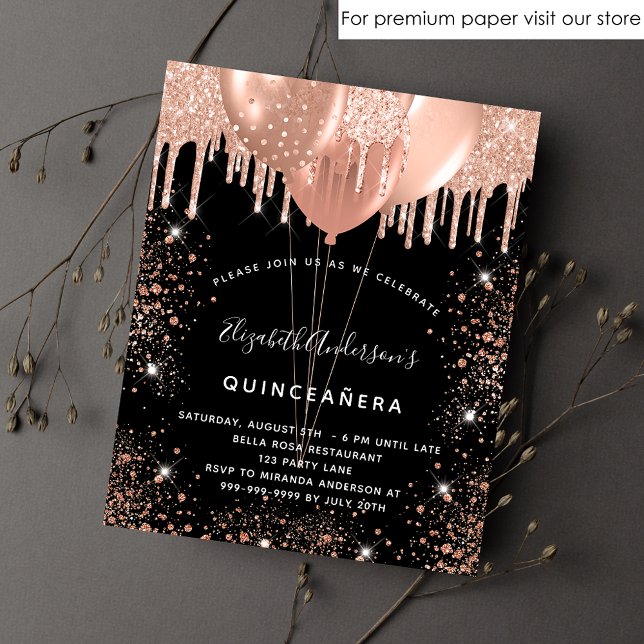 Papier Budget Quinceanera rose noir or invitation (Créateur téléchargé)
