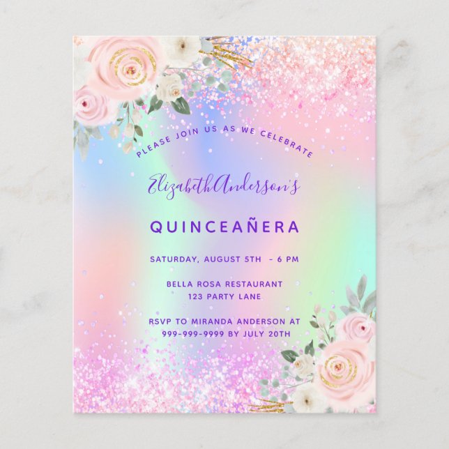Papier Budget Quinceanera rose violet parties scintillant (Devant)