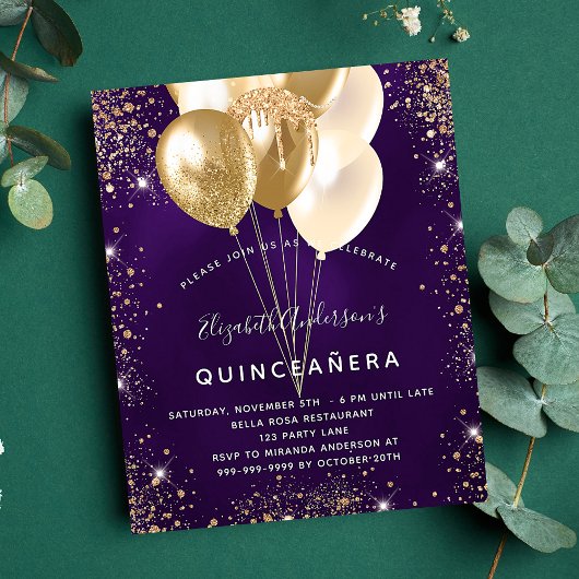 Papier Budget Quinceanera violet or parties scintillant b