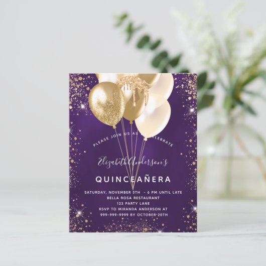 Papier Budget Quinceanera violet or parties scintillant b (Debout devant)