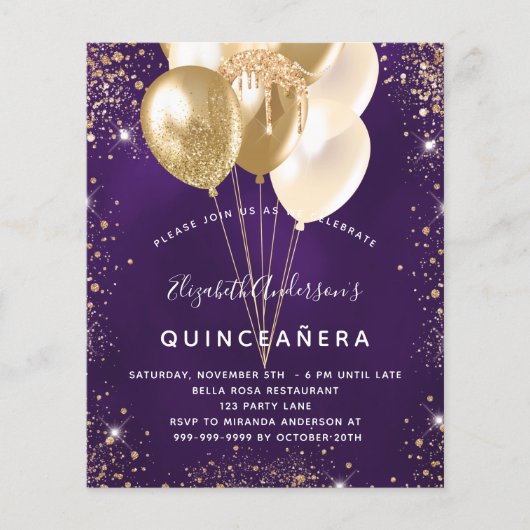 Papier Budget Quinceanera violet or parties scintillant b (Devant)