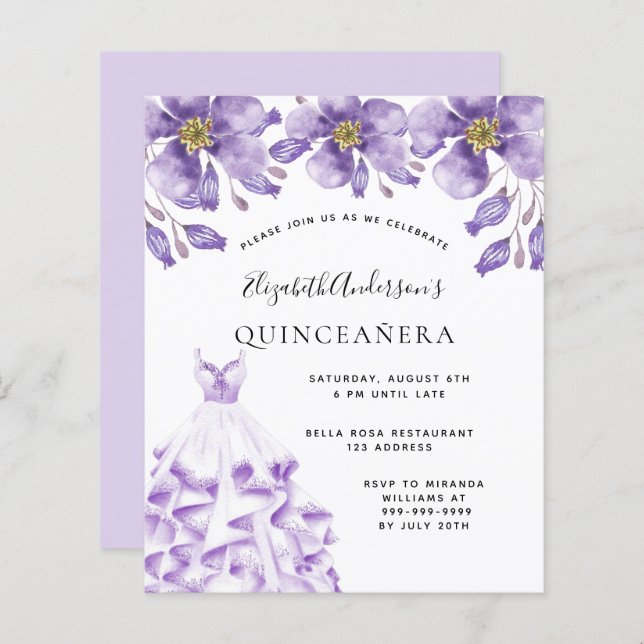 Papier Budget Quinceanera violet robe blanche floral (Devant / Derrière)