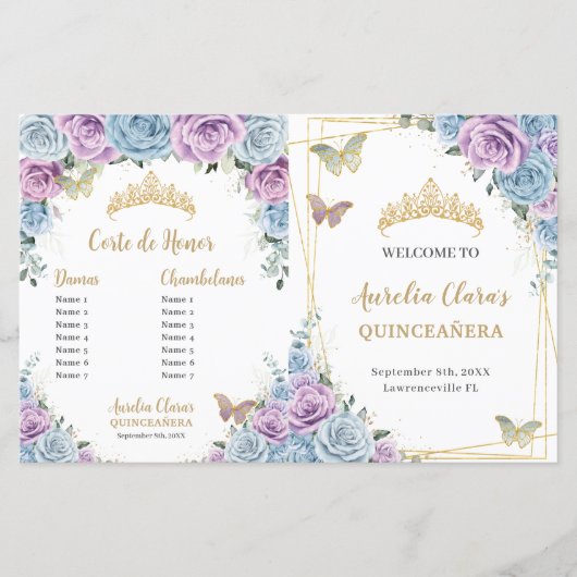 Papier Budget Quinceañera XV Blue Lilac Padrinos Programm (Devant)