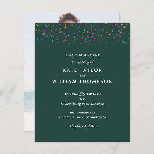 Papier Budget Rainbow Confetti Emerald Wedding Invitation (Devant / Derrière)