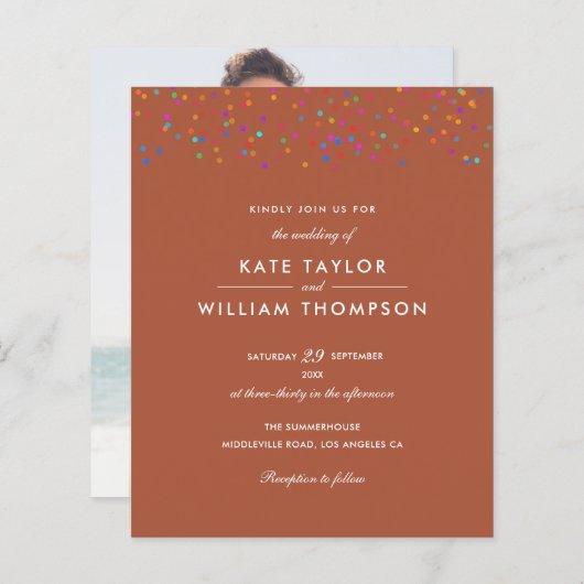 Papier Budget Rainbow Confetti Terracotta Mariage Invitat (Devant / Derrière)