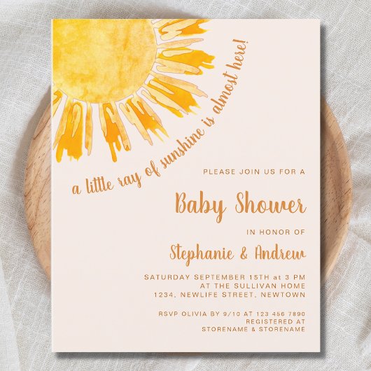 Papier Budget Ray of Sunshine Couples Baby shower Invitat