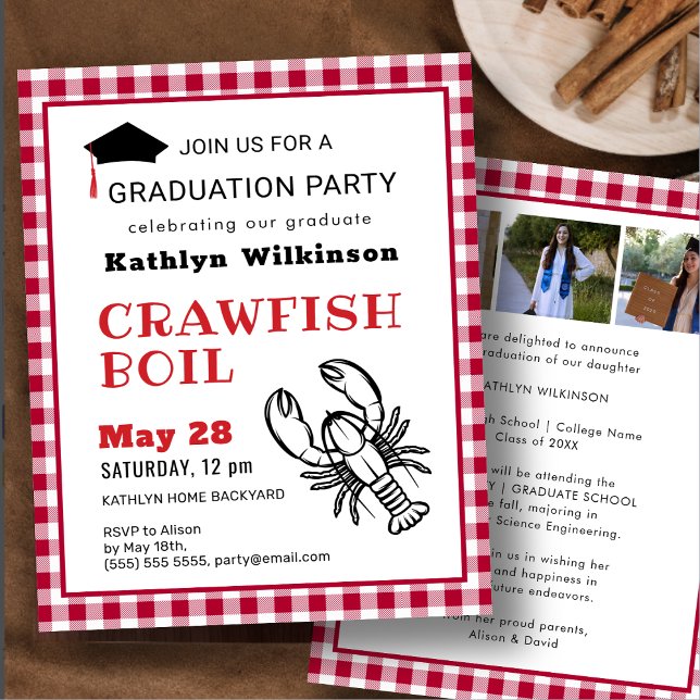 Papier BUDGET Red 3 Photo Crawfish GRAD Party Invitation (Créateur téléchargé)