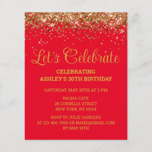 Papier Budget Red and Gold 30th Birthday Party Invitation