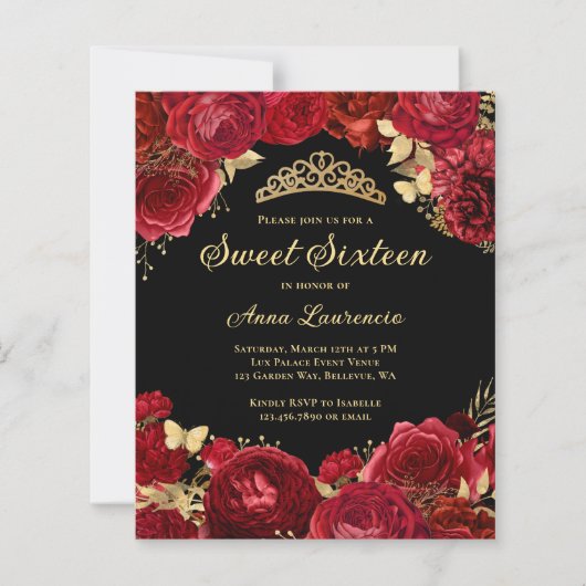 Papier Budget Red Black Floral Sweet 16 Party Invitation (Devant)